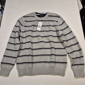 Brand New Tommy Hilfiger Gray Crewneck Sweater with Navy Stripes